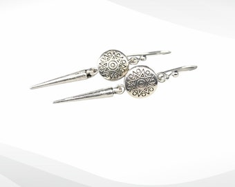 Dainty spike earrings with aztec-style charm - silver drop earrings for women