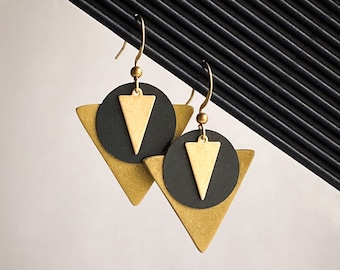 Polymer clay brass dangle earrings, minimalist jewelry, brass triangle geometric earrings, dangle earrings, girlfriend gift