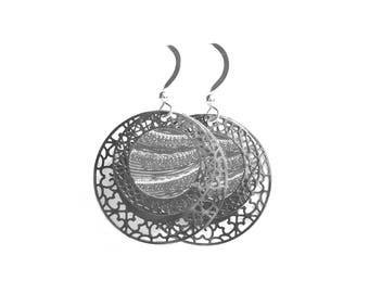 Only 1 available. Silver disk earrings, filigree silver disk drop earrings, 925 sterling silver hooks. Free gift box