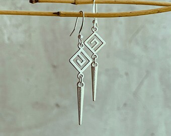 Silver dangle earrings, geometric diamond and spike boho earrings