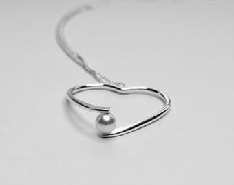Long silver heart necklace for women, girlfriend gift, heart pendant necklace, Swarovski crystal pearl jewelry
