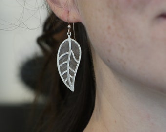 Large silver drop earrings, modern silver leaf earrings, nature jewelry