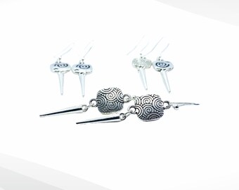 Silver earrings with spike dangle, boho earrings, dangle earrings, mismatched earrings