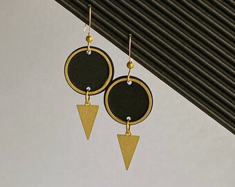 Mixed media, brass earrings, minimalist geometric, brass triangle dangle earrings