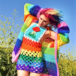 Handmade Rainbow Fun Unisex Cardigan/ Festival Jacket/Festival Psychedelic Burning Man Pride LGBTQ cottagecorev crochet