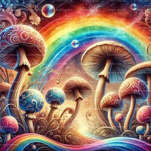 Rainbow Mushroom Wonderland- Fantasy Digital Art Print- Psychedelic Nature Scene- Instant Download