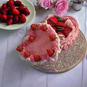 Strawberry Short Cake Crochet Fake Cake Jewelry Box birthday valentine&#39;s Christmas gift, stash box keepsake box
