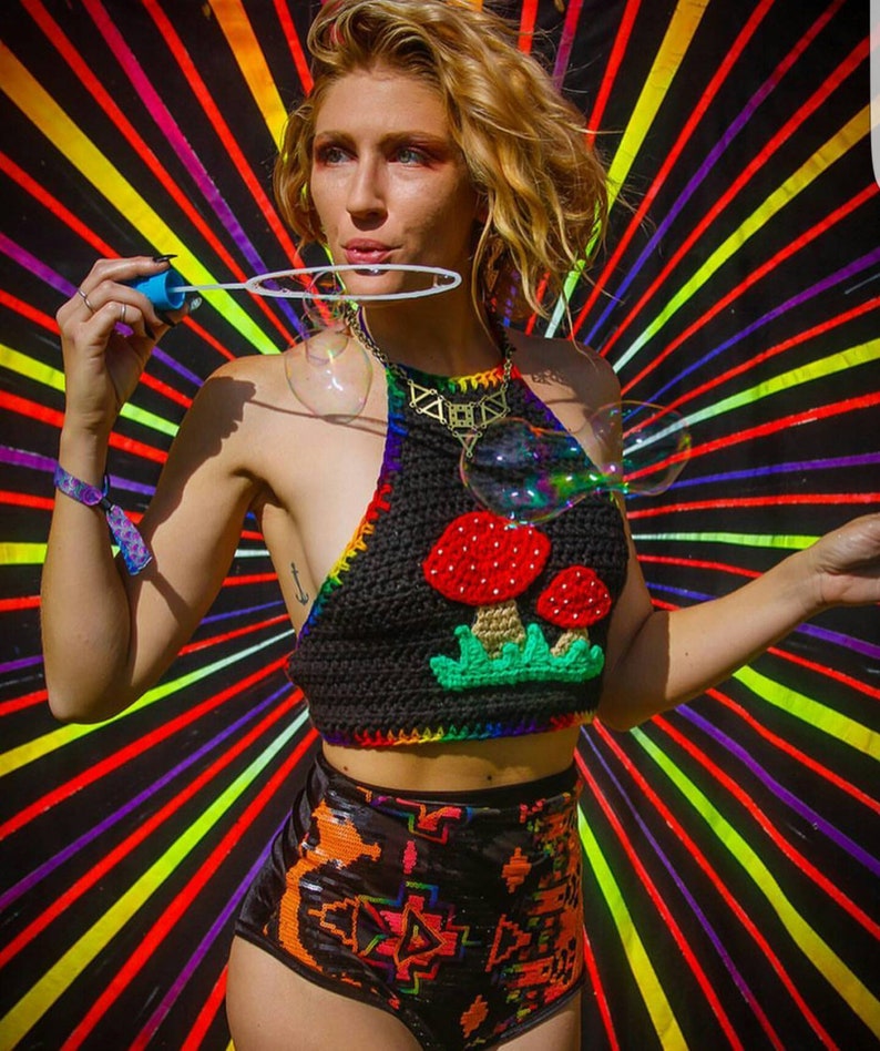 Psychedelic Crop Top UV Rave Outfit Festival Rave Fashion Trippy Magic Mushroom Bralet and Skirt Co-ord Pastel Goth