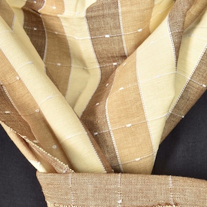 Gorgeous joyful brown, tan, yellow banded cotton canvas fabric, white woven pinstripes, 40 inch wide, Thailand craft, fabric by yard PHA360