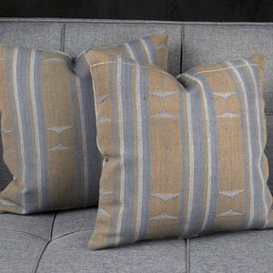Hmong Throw Pillow, neutral warm gray and blue tribal pillowcase, handwoven 18 inch square cushion, vintage Naga textile boho decor BN55