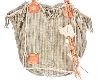 Handmade Striped Boho Handbag, Natural Dye Cotton, Leather Handles