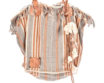 Handmade Boho Striped Handbag, Natural Dye Cotton, Leather Handles