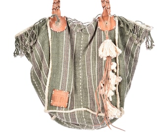 Handmade Green Striped Cotton Handbag, Ethnic Boho Bag with Leather Handles