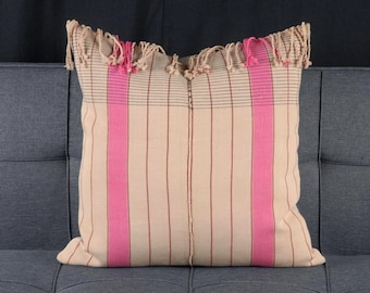 Pink & Cream Striped Throw Pillow Cover, 23 inch, Black Accents, Handwoven Hmong Cotton Pillowcase, Organic dye SD52