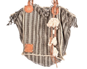 Handmade Striped Cotton Handbag, Ethnic Boho Bag with Leather Handles