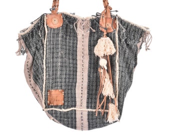 Handmade Striped Cotton Handbag, Ethnic Boho Style, Leather Handles