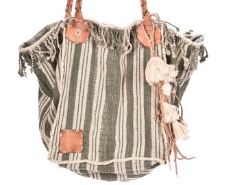 Handwoven Striped Cotton Handbag, Leather Handles, Ethnic Boho Bag
