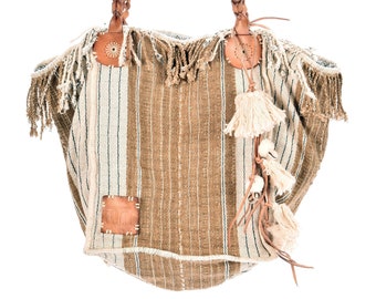 Handmade Tan Striped Cotton Handbag, Leather Handles, Ethnic Boho Style