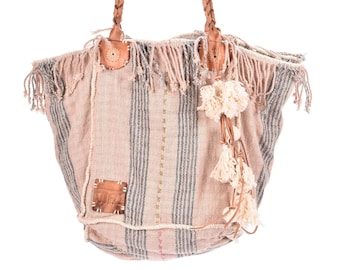 Striped Cotton Boho Handbag, Leather Handles, Tribal Stitching