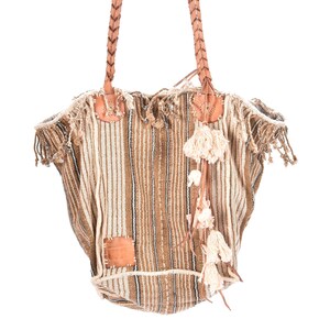 Off white striped cotton handbag, ethnic boho style, natural dye soft cotton, leather handles, tribal hand stitching BG19