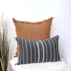 Handwoven Gray Stripe Lumbar Pillow, Ethnic Tassel Pillowcase
