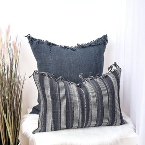 Striped Lumbar Pillow Cover, Neutral Organic Dye, Handwoven Hmong Tassel Cushion