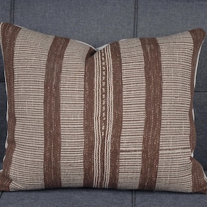 Decor ethnic stripe cushion Hmong pillow tribal decorative 20x16 in. pillow handwoven cotton brown, white, natural organic dye BN10