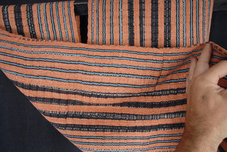 Hmong fabric ethnic tribal textile hilltribe Thailand throw natural organic dye orange black blue Decor pillow boho pillow decor 40 XC49