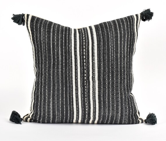 Indigo Gray Tribal Corner Tasseled Lumbar Pillow Indigo Gray Tribal Corner Tasseled Lumbar Pillow