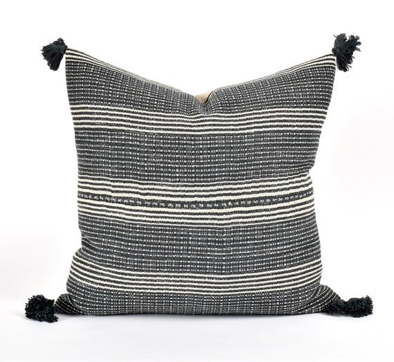 Indigo Gray Tribal Corner Tasseled Lumbar Pillow Indigo Gray Tribal Corner Tasseled Lumbar Pillow