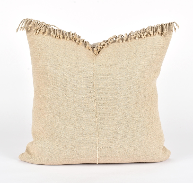 Hmong tribal 21 inch square cushion neutral unbleached beige natural organic KK69 Tribal ethnic solid pillow handwoven hemp