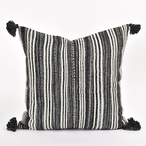 Tribal ethnic striped pillow, Hmong tribal 20 inch square cushion, handwoven cotton, neutral black, off-white, natural organic dye VV22