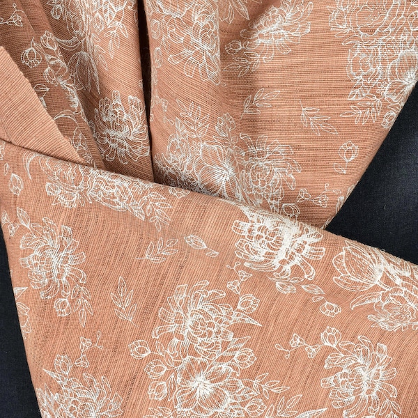 Textured handwoven, rust brown pale orange cotton fabric, off-white flower print, natural dye fabric, medium-weight, per yard PHA280