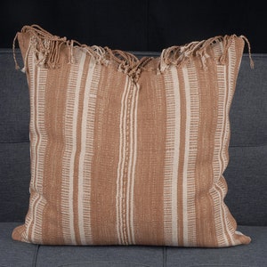 Hmong pillow decor, ethnic stripe cushion, tribal decorative 22 inch square, handwoven cotton, camel, tan, off-white, tassel natural dye BN1