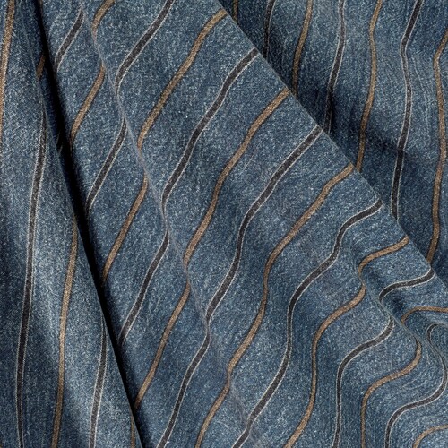 Handwoven indigo blue cotton fabric, stone-washed black, brown, and white stripes, natural organic color, medium weight, elegant PHA300