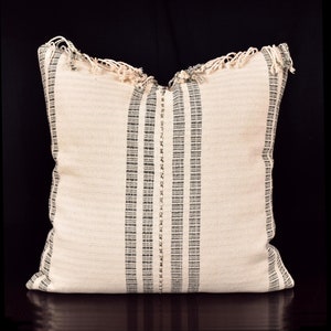 Decor ethnic striped pillow, Hmong tribal 20 inch square cushion, handwoven cotton, neutral off-white, gray, natural organic dye OO57