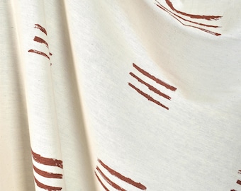 Handwoven Cotton Fabric, Copper Rust Mud Cloth Print, Neutral Soft Unbleached, By The Yard