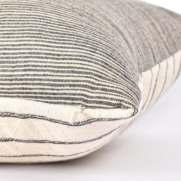 Ethnic striped extra long cushion, warm off-white, gray striped tribal 14 x 35 in. lumbar pillow, handwoven cotton, natural organic dye PP36