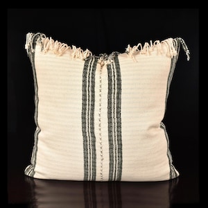 Decor ethnic stripe pillow, Hmong tribal 20 inch square cushion, handwoven cotton, neutral gray, buttery off-white, natural organic dye OO73
