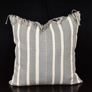Ethnic stripe cushion Hmong pillow tribal 21 inch square, tasseled, handwoven cotton warm gray, off-white, natural organic dye OO38