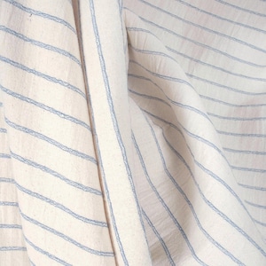 Rustic farmhouse unbleached cotton fabric, off-white, cream color woven blue stripes, upholstery pillows crafts Thai fabric by the yard PHA4