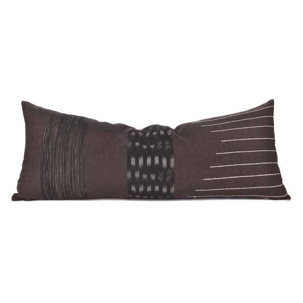 Ethnic long lumbar cushion, 14 x 35 inch bed pillow, brown, black, off-white, tribal handwoven cotton pillow cover PP74