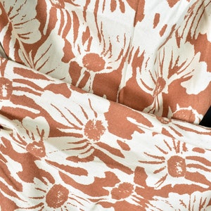 Flower print fabric, natural cotton twill, off-white, two-tone burnt orange pattern, 45 inch wide, Thailand craft, fabric by the yard PHA386