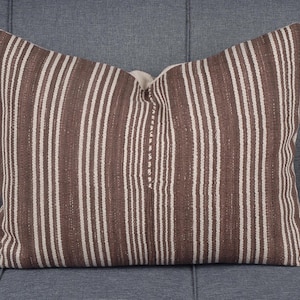 Decor ethnic stripe cushion Hmong pillow tribal decorative 20x16 in. pillow handwoven cotton brown, white, natural organic dye BN9