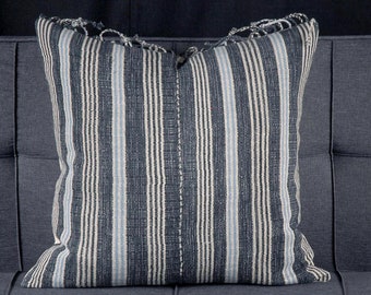 Striped Fringed Throw Pillow Cover, 21 inch,  Handwoven Neutral Gray, White & Blue cotton pillowcase, Organic dye SD62