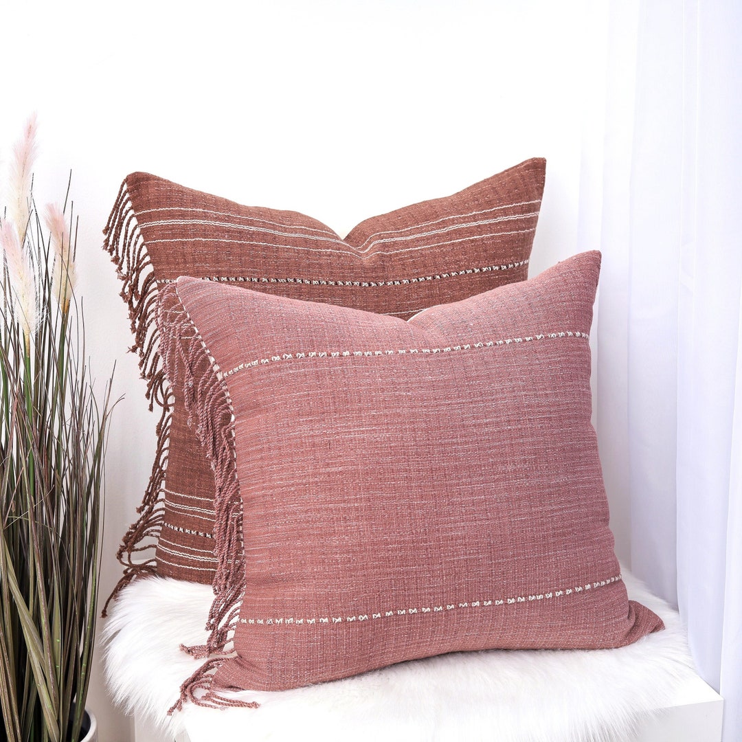 Tribal Ethnic Minimalist Pillow, Hmong Tribal 20 Square Cushion, Handwoven Cotton, Pale Rose