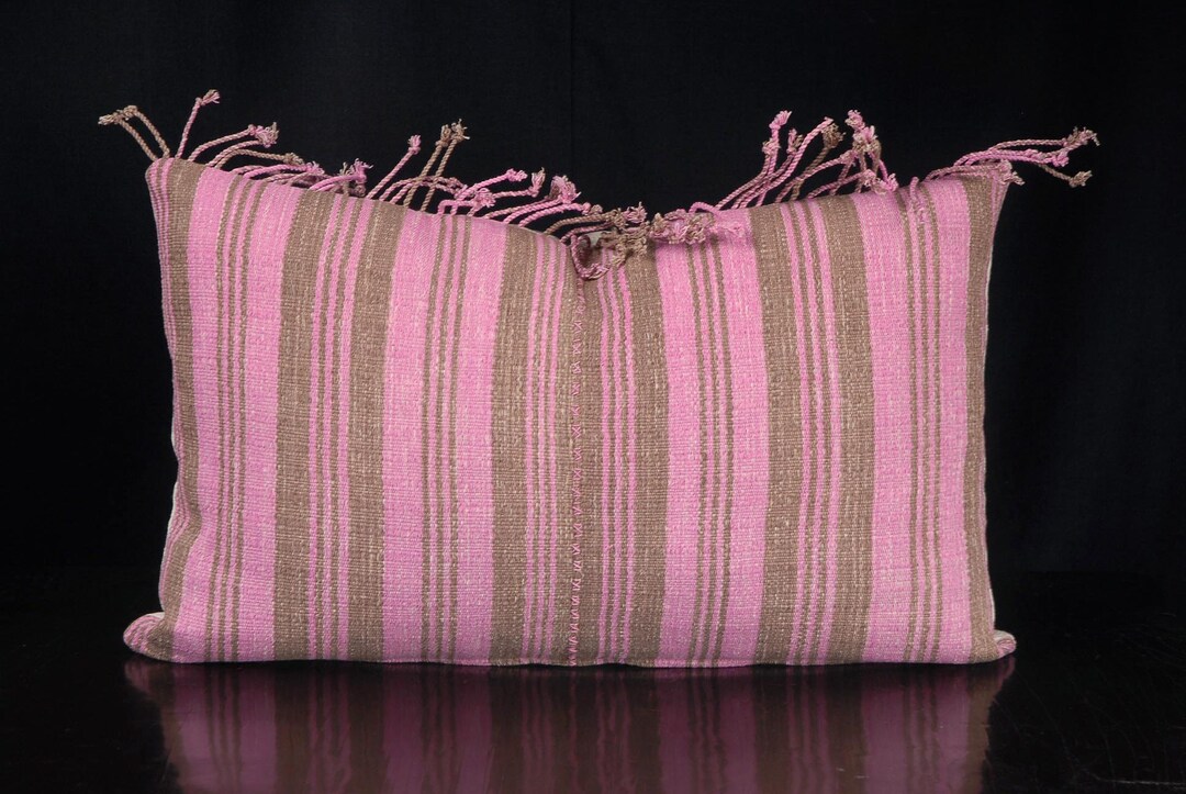 Pink and Brown Boho Lumbar Pillow Cover, 14 X 22 Inch, Fringe Edge