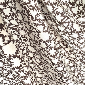 Stylized flower organic print, unbleached natural textured cotton, earthen brown/white, 46&quot; wide, Thailand fabric by the yard PHA428