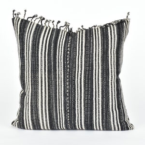 Hmong Fringed Edge Pillow Cover, 21 inch, Striped handwoven pattern, Natural cotton, organic dye KK61