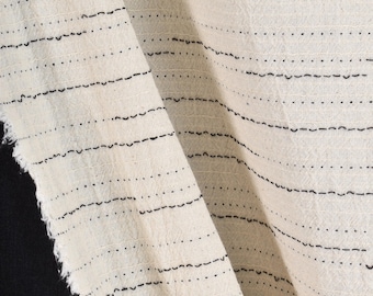 Warm off-white cotton with black micordots, dashes, and stripes, lightweight crepe weave pattern fabric, boho material, by the yard PHA162